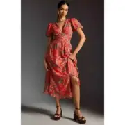 NWT ANTHROPOLOGIE THE KATERINA LUREX BUTTON FRONT MIDI DRESS 2 RED