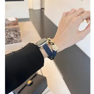 牛仔山茶花鏈條錶帶 適用 Apple watch S9 8 7 6 SE 5 4代蘋果手錶帶 45 44 41 40mm