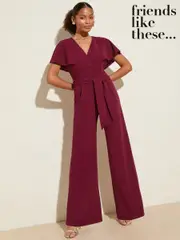 Friends Like These Berry Red Short Frill Sleeve Scuba Wrap Jumpsuit (F03452) | $120