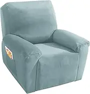 MAXIJIN Velvet 4 Piece Recliner Cover, Dusty Blue, Plush Soft, Thick, Waterproof, Elastic Closure, Separate Chair Cover for Recliner with Side Pocket