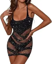 [Generic] Fishnet Bodysuit Lace Rhinestone Lingerie Mesh Bodycon One Size Mini Dress Sparkle for Women and Girls