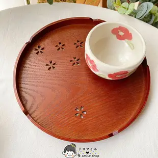 進口若兆漆器木板鏤空櫻花茶具圓形托盤茶盤