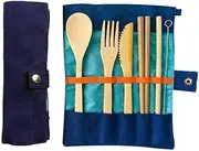 [AIMALL] 7PCS Reusable Bamboo Cutlery Set, Eco-Friendly Camping & Travel Fork Kit, Portable Eco-Friendly Utensil Set with Straw, Chopsticks, and Pouch for Picnic and Office