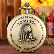 Vintage Stlye Quartz Pocket Watch "To My Son" with Chain - Lion & Pup Design