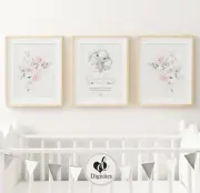 Nursery Wall Art Prints Bedroom Elephant, Birth Announcement print, Roses floral