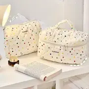 Yunikon - Travel Polka Dot Fabric Makeup Bag Picnic - White & Yellow - S