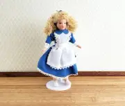 Dollhouse Girl Doll Curly Hair Porcelain Poseable 1:12 Scale Blue White Dress