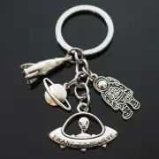 Alien Flying Saucer Rocket Spaceship Astronaut Planet Saturn Silver Keychain
