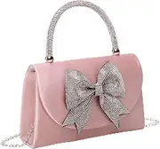 [Fontanella Fashion] Women's Elegant Evening Clutch Bag Rhinestone Bow Top Handle Sparkly Handbag Stylish Chain Strap Secure Closure, Pale Pink, One Size