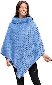 [Gloop] Women's Elegant Winter Faux Fur Poncho Round Neck Jacket Thick Cape Warm Knitted Fur, Violet blue, One size