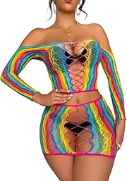 [KUAIQI] Festival Outfit Women's Mesh Lingerie Sets, Sexy Lingerie Fishnet, One Piece Hollow Fun Perspective, Transparent Long Sleeve Fishnet Top and Panties Sets, Erotic Lingerie