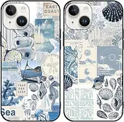 [Phoona] 2 Pack Cute Case for iPhone 14 /iPhone 13 6.1", European Collage Preppy Summer Girly Design Pattern for Girls Women, Slim Soft Silicone Shockproof Bumper Protector Cover, Blue 04