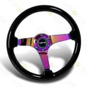 350MM BLACK WOOD GRAIN NEO CHROME NRG RST-036BK-MC 3-SPOKE RACING STEERING WHEEL