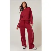 Dark Red Contrast Piping Detail Wide Leg Track Pants, Dark Red