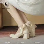 WHITE HEELS FOR WOMEN CLOSE SHOES BLOCK 仙女風高跟鞋女法式方頭粗跟百搭中跟單鞋2