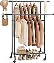 SONGMICS Clothes Rail, Double Clothes Rack on Wheels, Extendable Garment Rack, Heavy-Duty Metal Frame, 80 kg Total Max. Load, 83-120 cm Wide, Ink Black HSR133B01
