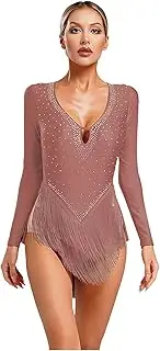 [Manyakai] Women's Rhinestones Fringed Backless Bodyusit Latin Jazz Dance Leotard Tops Ballroom Dance Costume