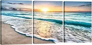 [Pyradecor] 3 Panels Blue Beach Sunrise White Wave Pictures Painting on Canvas Wall Art Modern Stretched and Framed Seascape Giclee Canvas Prints Seaview Landscape Artwork for Home Office Decorations