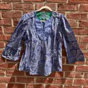 Robert Graham Women's Paisley Pattern Split Neck Peasant Blouse Blue Small NWT