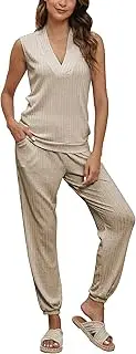 [Famulily] Summer Ribbed Clothes Sets for Women V Neck Side Split Vest Tops and Jogging Bottoms with Pockets, 2 Piece Outfits Tracksuits Loungewear Sleepwear