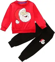 [Generic] New Born Clothes for Girls Kid Boys Girls Set Autumn/Winter Santa Print Red Sweater Black Pants Two Piece Party Birthday Christmas Birthday Outfits Girls 6 (Red, 3-4 Years)