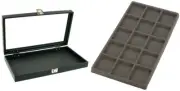 Glass Lid Jewelry Display Case 14 3/4" w/ Gray 15 Compartment Display Tray