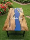 Solid Blue Epoxy Resin Top Dining Table Live Edge Wooden Kitchen Slab Furniture