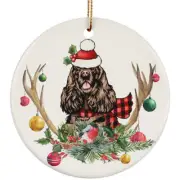Cute Cocker Spaniel Dog With Antlers Reindeer Flower Xmas Circle Ornament Gift