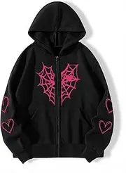[Tooe] Y2K Gothic Spider Web Heart-shaped Print Hoodied Pullover Punk Zip Up Jacket Coat Harajuku Loose Oversized Streetwear