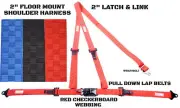 2" LATCH & LINK Y FLOOR MOUNT HARNESS. 3 POINT BUGGY BELT RED CHECKERBOARD