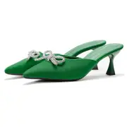Nevenka Womens Slide Sandals Fashion Rhinestone Bow Closed Toe Low Heels-Green