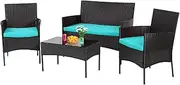 4 Pieces Conversation Set Modular Outdoor Furniture Set Water Resistant Patio Wicker Furniture Set with 3 Rattan Chairs 1 Tempered Glass Topped Table Seat Cushions for Patio Balcony Poolside, Blue