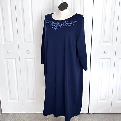Bob Mackie Dress Plus Size 3X Navy 3/4 Sleeve Embroidered Round Neck