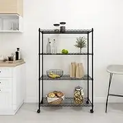 4-Tier Storage Shelf with Wheels 90x35x142 cm, Iron Wire Shelving Unit, Heavy Duty Black Organizer for Kitchen Garage, Adjustable Racks, 200 kg Capacity