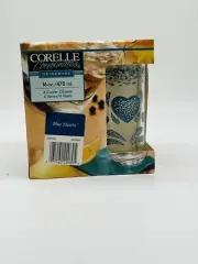 New In Box CORELLE Blue Hearts 16 OZ. TUMBLERS/DRINKING Glasses set 4 VINTAGE