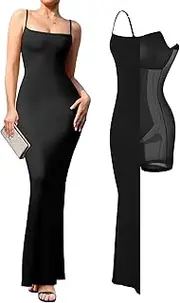 [Popilush] Shapewear Dress Built-in Bra Adjustable Straps Summer Bodycon Sleeveless Slip Maxi Dresses for Women