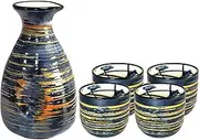 Old Craftsmen's Japanese Sake Set Blue 5 Pcs Traditional Japan Saki Cup Set Hand Painted Design Porcelain Pottery Ceramic Soju Cups Sake Glasses Gifts (Blue Rich, Sake Bottle 300 ML, Sake Cups 50ML)