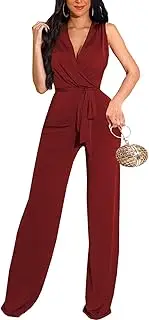 [ZonJie] Women's Summer Casual Jumpsuits Short Sleeve Button Up Cute Loose Drawstring Waist Wide Leg Jumpsuit Romper, 749bred, Medium
