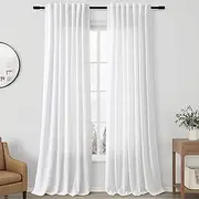 White Linen Textured Long Curtains for Living Room 144 Inch Length 2 Panel Set Back Tab Rod Pocket French Country Semi Sheer Curtains Sliding Door Ceiling Window Decor Light Filtering Drapes 52x144
