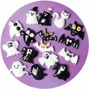 10 Assorted Black White Halloween Ghost Bat Cat Cabochons Flatback Charms Craft