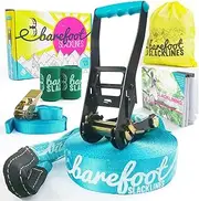 Barefoot Slackline Kit 60ft (18m) Complete Set Including, Ratchet, Training Line, Bark Protectors & Instructions! Designed for Both Kids & Adults - 3 Colors Available (Azure Blue)