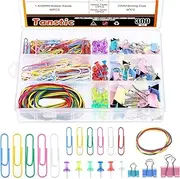 Tanstic 300Pcs Colored Office Clips Set, Assorted Sizes Paper Clips Binder Clips, Paper Clamps Paperclips Push Pins Rubber Bands Tacks for Office School Home Supplies Document Organizing