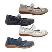 Just Bee Cale Ladies Leather Mary Jane Flats Soft Punch Out Upper