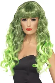 Glamour Siren Curly Black and Green Costume Wig