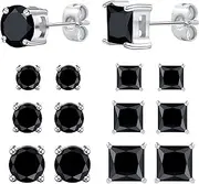 [MDFUN] 6 Pairs Stud Earrings Set 3mm/5mm/7mm Princess & Round Cubic Zirconia Earrings Hypoallergenic 316L Surgical Stainless Steel CZ Earrings for Women Men