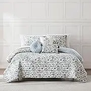 Lush Decor Lillian Block Print Reversible Quilt 6 Piece Set King/Cal King Blue & Sage - Floral Bedding Set with Pillows - Block Print Quilt - Vintage Decor