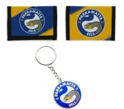 SET OF 2 PARRAMATTA EELS NRL TEAM NYLON SPORTS WALLET & CLUB LOGO KEYRING CHAIN