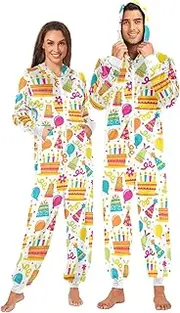 [ZZXXB] Birthday Cake Balloon Onesie Pajamas for Adult Women Men Long Sleeves One Piece Onesies Hooded Sleepwear S - XL