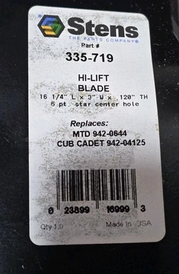 Stens 335-719 Hi-Lift Blade Replaces MTD 942-0644 Cub Cadet 942-04125 16 1/4" L