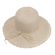 2PCS Summer Straw Hat for Women Sun-shade Seaside Ultraviolet-proof Beach Hat Foldable Hat Pearl beige